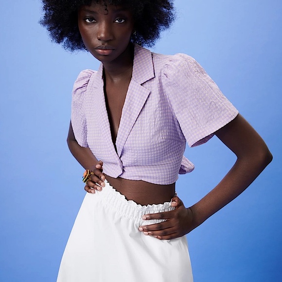 Zara Tops - 🆕 ZARA Gingham Print Crop Cut Out Tie Blouse in Lilac SZ S